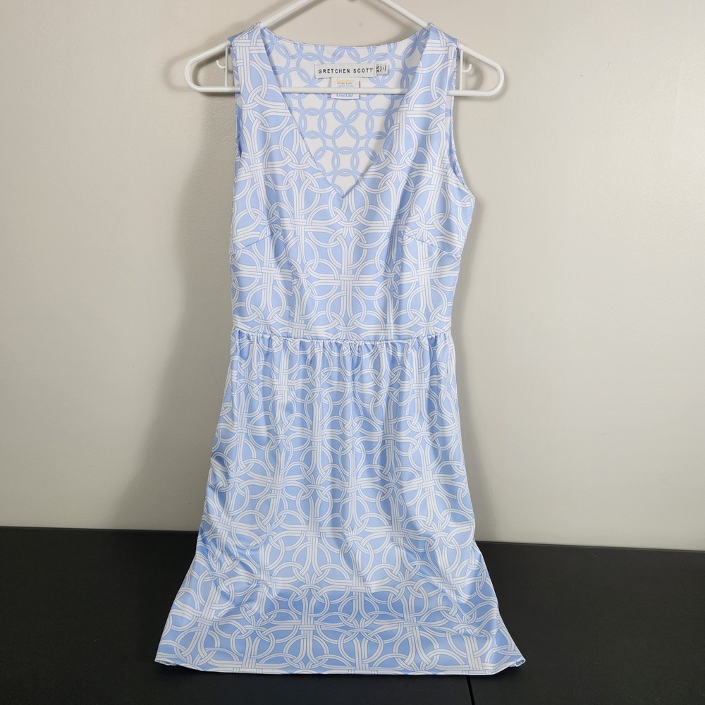 Gretchen Scott Blue White Geometric Lattice V-Neck Sleeveless Pocket Dress XS